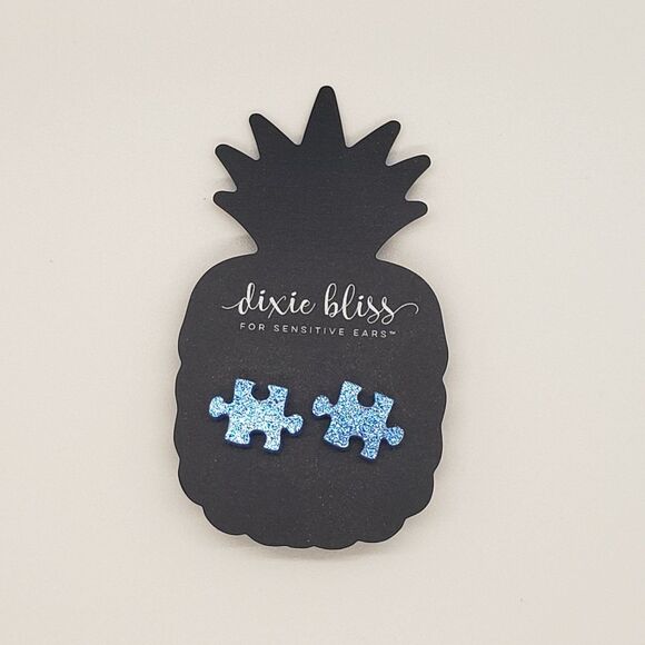 Dixie Bliss Autism Awareness Puzzle Piece Glitter Earrings Blue Hypoallergenic - Picture 1 of 4